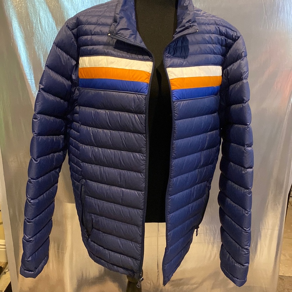 Boys blue with orange and white stripe Puffer jacket